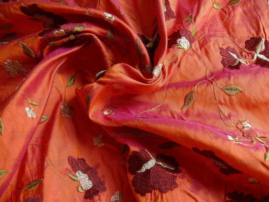 By Yard 100%silk Embroidery Saffron Burgundy Red Fluer #622A