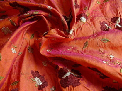 By Yard 100%silk Embroidery Saffron Burgundy Red Fluer #622A
