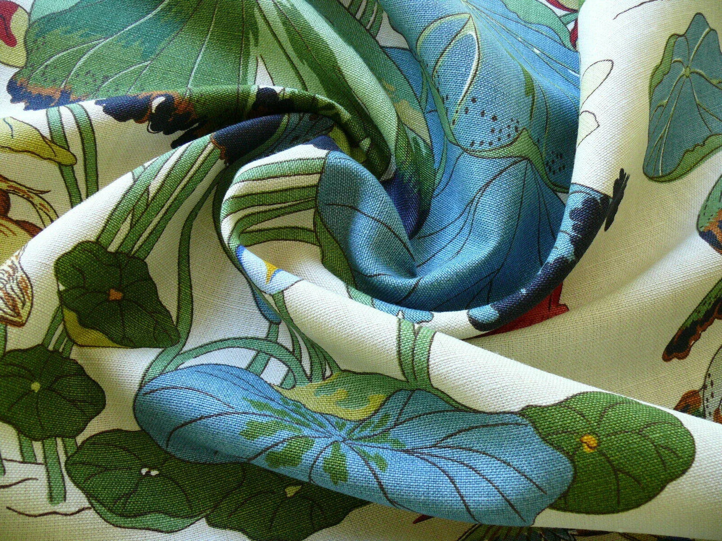 by yard Gp &amp; J Baker Nympheus Linen Lotus Heron Bird Print Stone/pistachio MSRP USD278/y