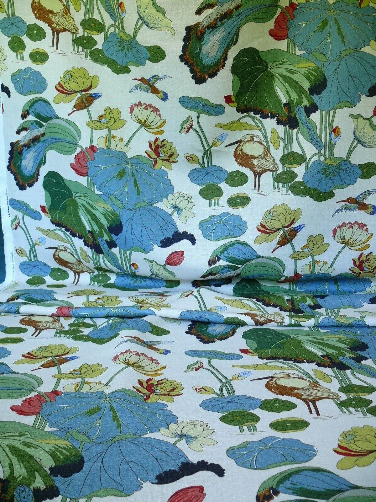 by yard Gp &amp; J Baker Nympheus Linen Lotus Heron Bird Print Stone/pistachio MSRP USD278/y