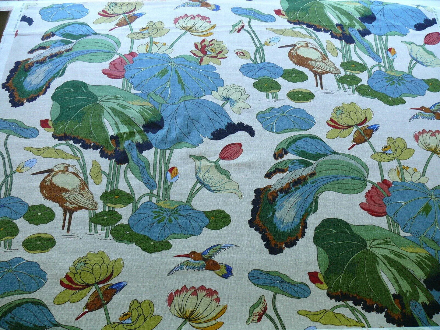 by yard Gp &amp; J Baker Nympheus Linen Lotus Heron Bird Print Stone/pistachio MSRP USD278/y