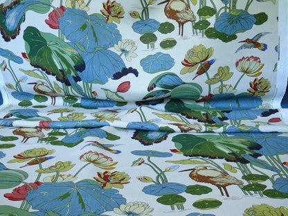 by yard Gp &amp; J Baker Nympheus Linen Lotus Heron Bird Print Stone/pistachio MSRP USD278/y