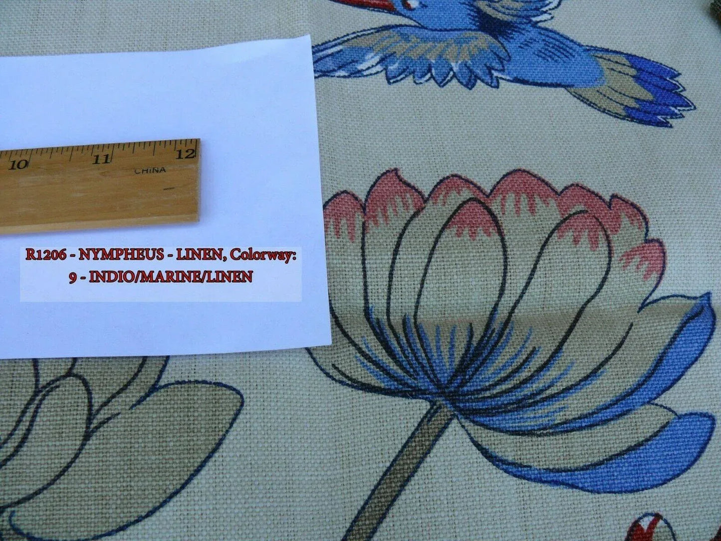 by yard Gp &amp; J Baker Nympheus Linen Lotus Heron Bird Print Indigo/marine/linen MSRP USD284/y