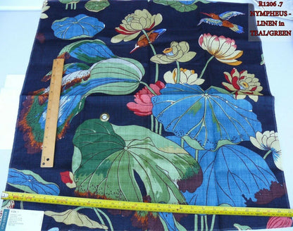 By yard Gp &amp; J Baker Nympheus Linen Lotus Heron Bird Print Teal/green MSRP USD284/y