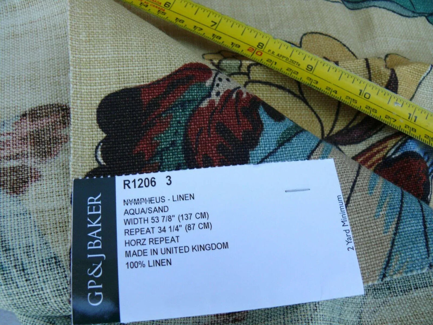 By yard Gp &amp; J Baker Nympheus Linen Lotus Heron Bird Print Aqua/sand MSRP USD284/y