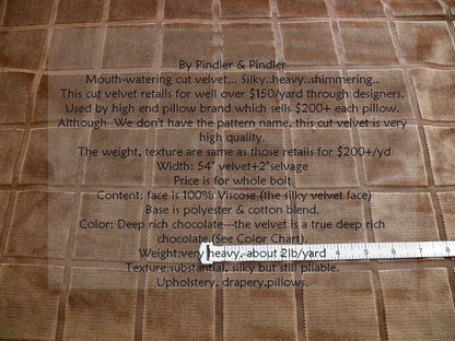 By Yard Pindler Fab Cut Velvet Silky Brown Chocolate Square! MSRP USD200+/y