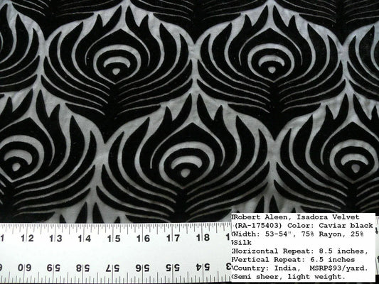 By Yard Robert Allen Isadora Peacock Feather Silk Velvet Cut Velvet Black Art Deco MSRP USD 93/Y!