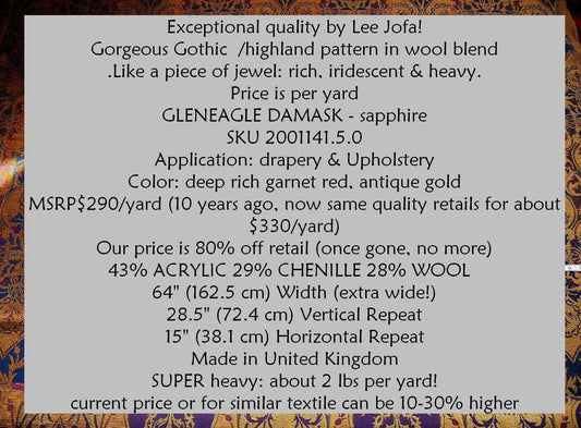 By Yd Lee Jofa Gleneagle Damask "sapphire" Blue Purple Gothic Scottish Wool Chenille Medallion MSRP USD290/y