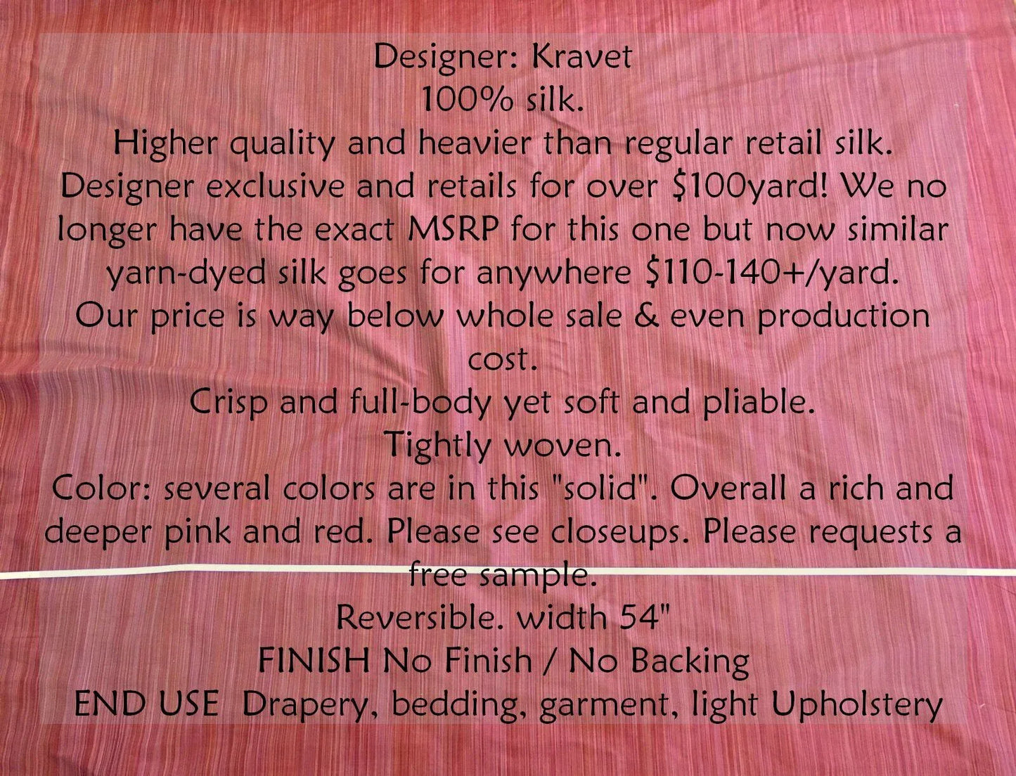 By Yd Kravet 100% Silk Yarn Dyed Dupioni Rich Raspberry Pink Red Strie Reversible MSRP USD 120+ (a35)