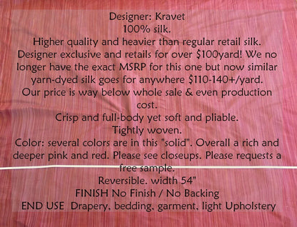 By Yd Kravet 100% Silk Yarn Dyed Dupioni Rich Raspberry Pink Red Strie Reversible MSRP USD 120+ (a35)