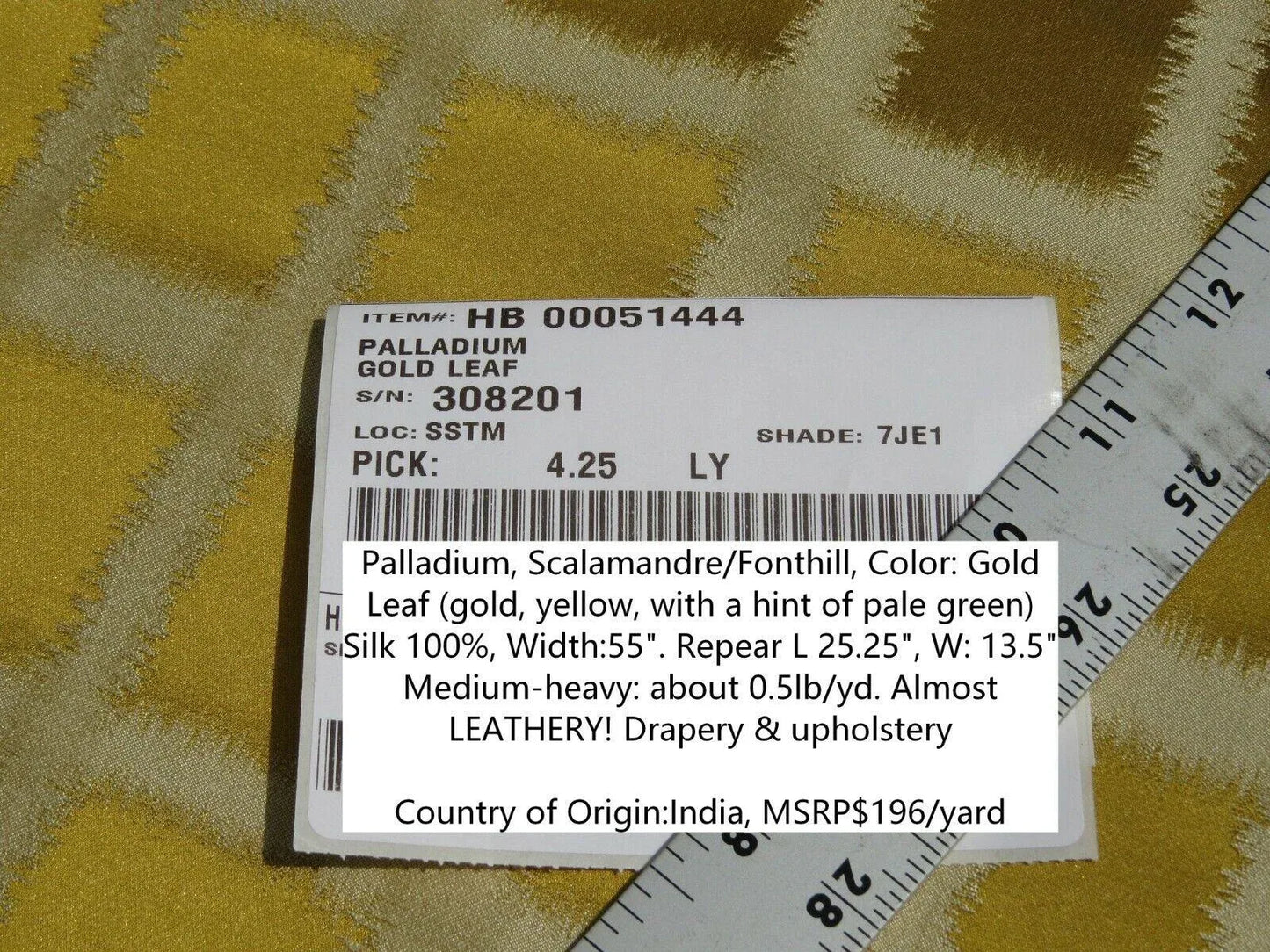 By Yard Scalamandre Palladium Fonthill Modern Silk Lampas Gold Leaf Green Mid Century MSRP USD 196