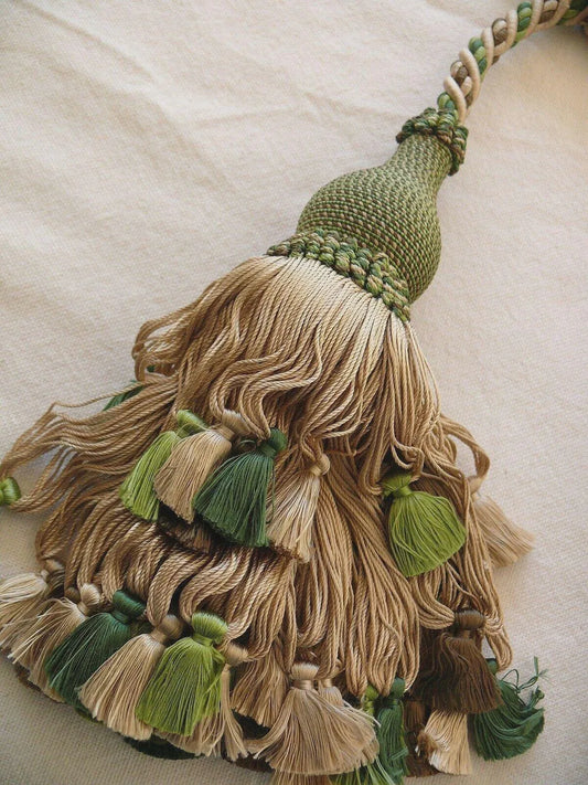 Scalamandre Lyon 100% Silk Double Tassel Tieback Beige Brown Green