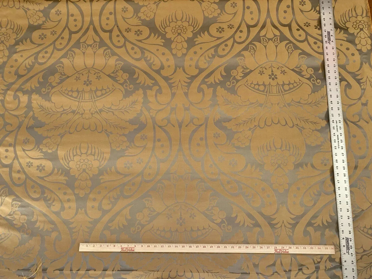 Lee Jofa Alodie Silk Damask, Goldstone Celadon Blue Gold Bronze Silk Cotton 2.5YD MSRP USD276/Y