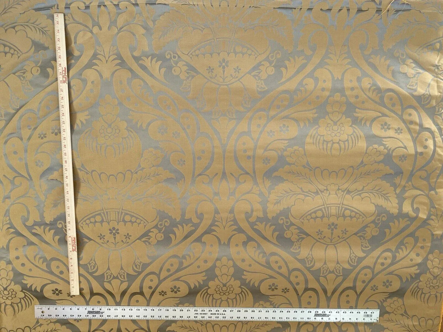 Lee Jofa Alodie Silk Damask, Goldstone Celadon Blue Gold Bronze Silk Cotton 2.5YD MSRP USD276/Y