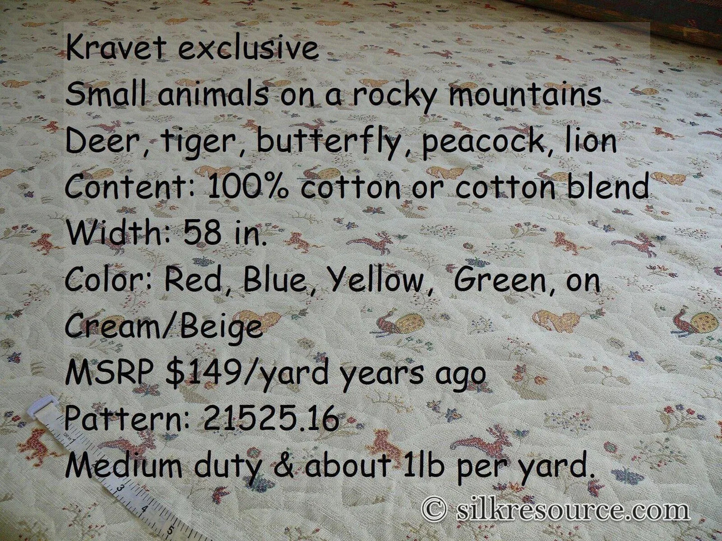 By Yd KRAVET SMALL ANIMALS SNOWY MOUNTAIN TAPESTRY LION PEACOCK MSRP USD 149/Y