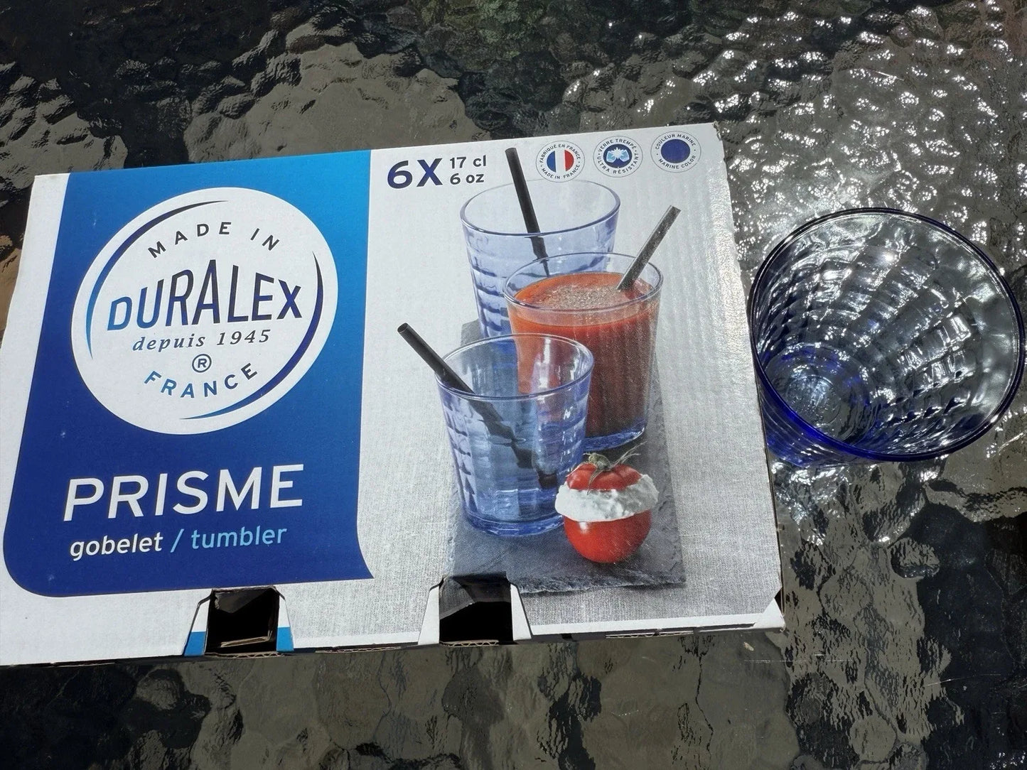 Duralex Prisme Marine Tumbler 6 oz x 6 cups Blue Glass DURABLE! Made in France Set of 6 MSRP USD39