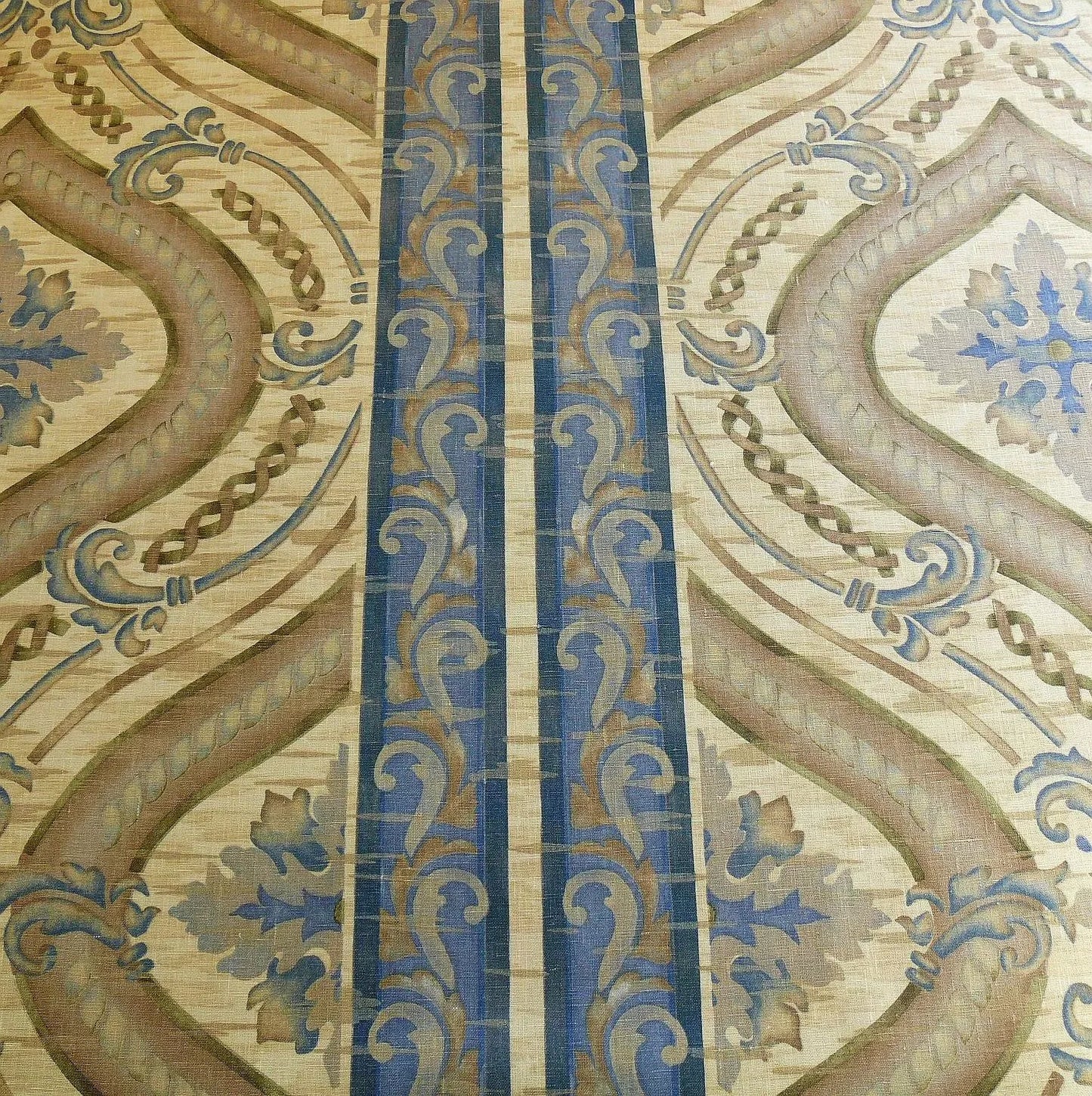 by yard Stroheim &amp; Romann Vincenza Blue &amp; Gold Linen Renaissance Fresco Damask Stripe Roman Empire Print #561