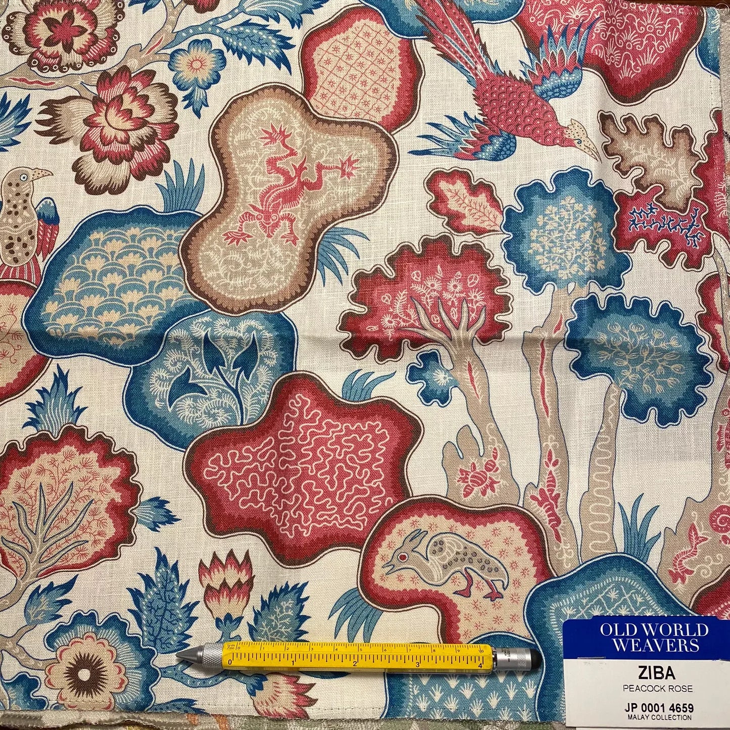 Scalamandre Old World Weavers Ziba Peacock Rose Red Blue White Mythical Animal Bird Peacock Rose Linen 2Y Minimum MSRP USD 416/y