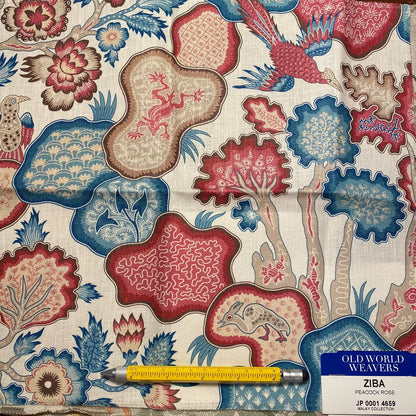Scalamandre Old World Weavers Ziba Peacock Rose Red Blue White Mythical Animal Bird Peacock Rose Linen 2Y Minimum MSRP USD 416/y
