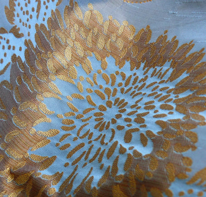 By yard Asian Modern 100% Silk Jacquard Retro Mum "Steel Blue" Brown Blue