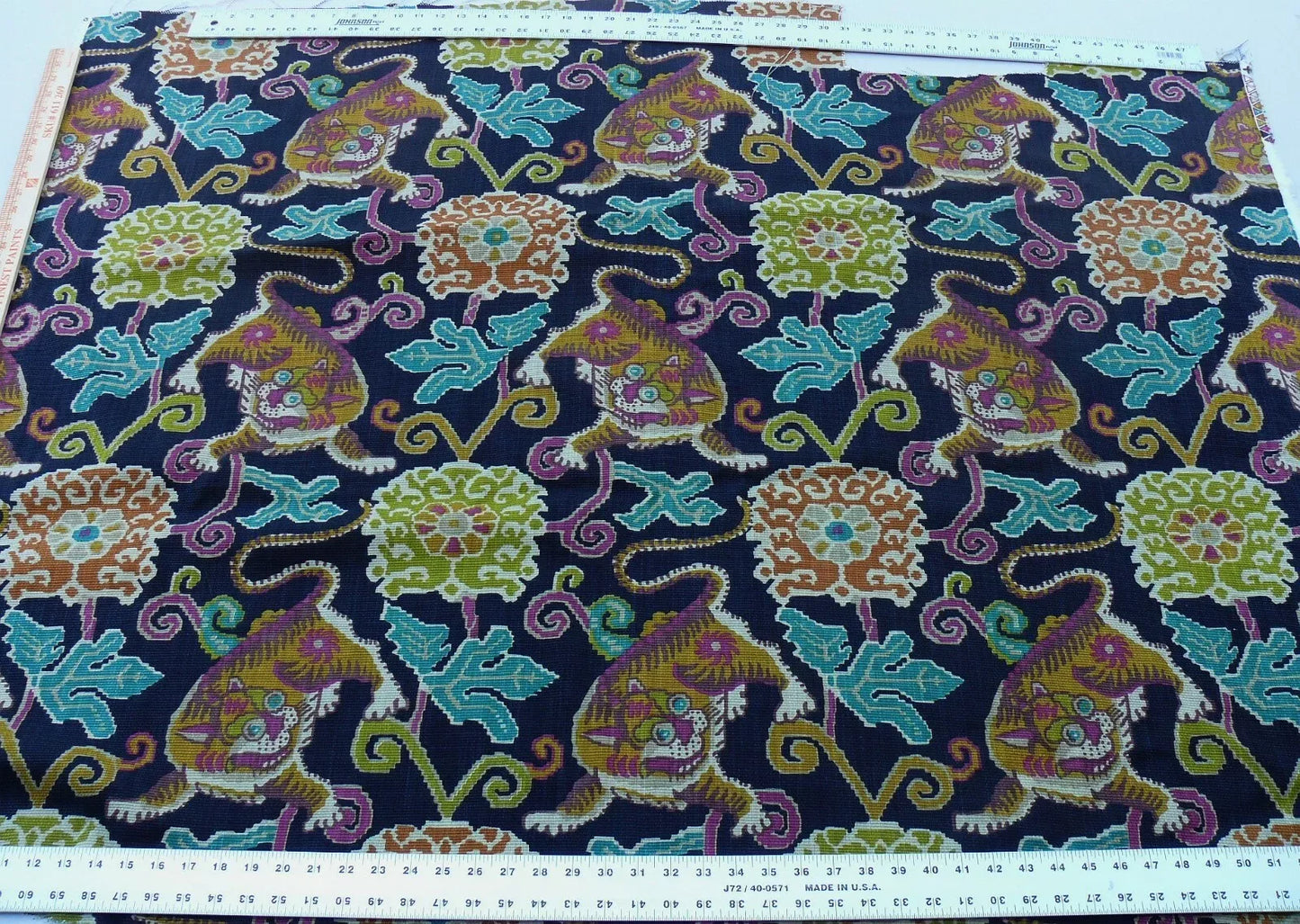 1Yard Shishi Tiger on Peony Cloud 100% Cotton Black Turquoise Pink MSRP USD88/yard