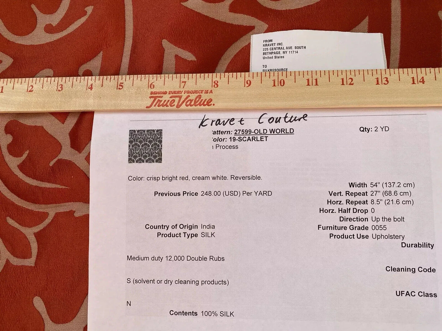 2 yards Kravet Couture Barbara Barry Old World Scarlet Red 100% Silk Damask MSRP USD248/y