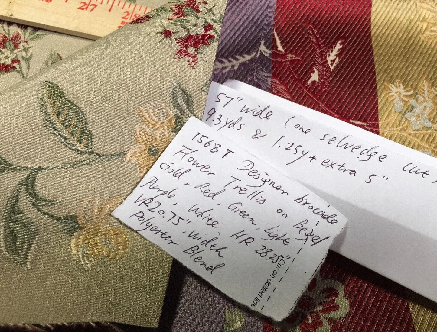 Pindler &amp; Pindler Brocade Flower Trellis Red Sage Beige Gold 9.5+1.2Y #1568