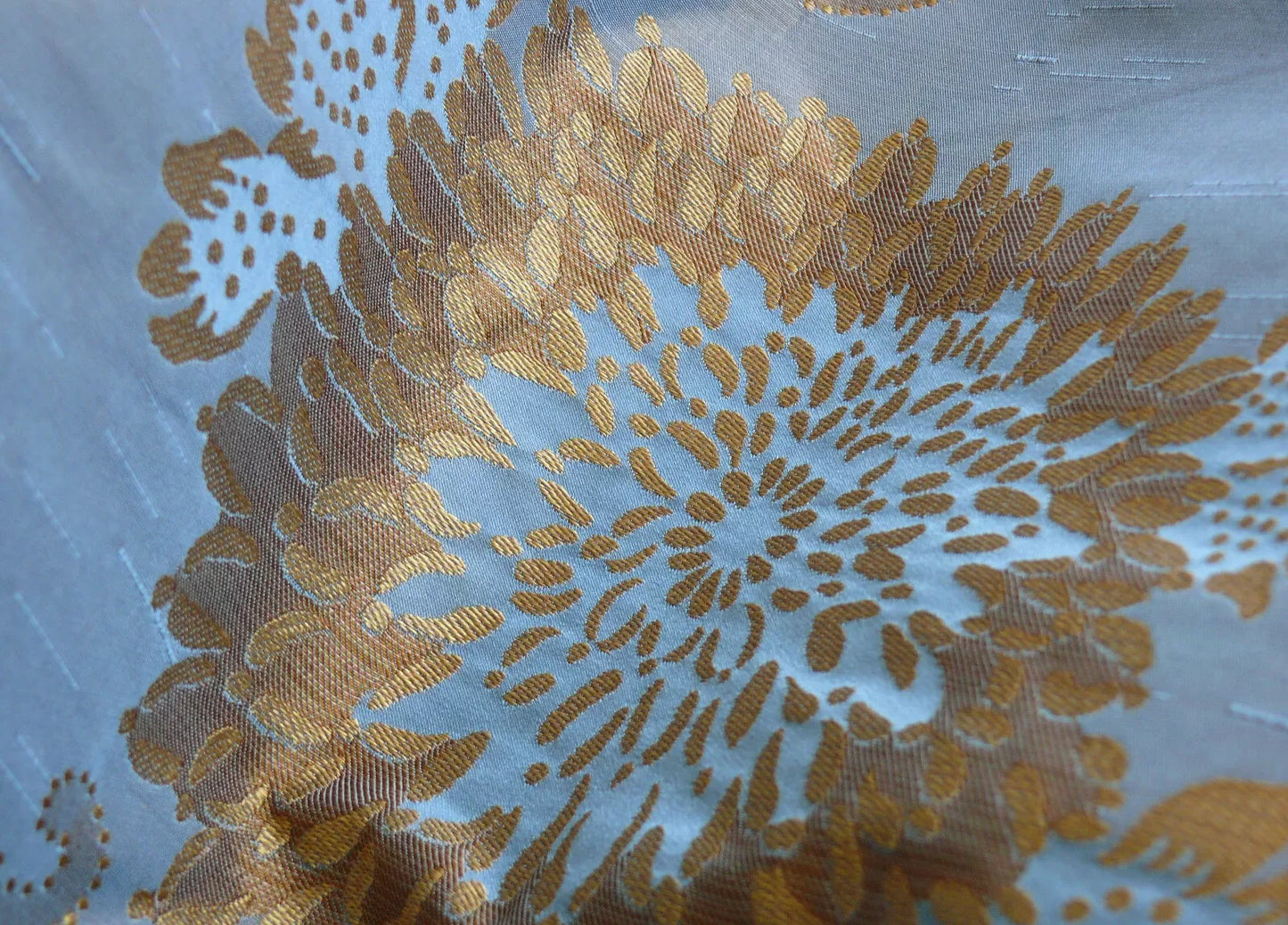 By yard Asian Modern 100% Silk Jacquard Retro Mum "Steel Blue" Brown Blue