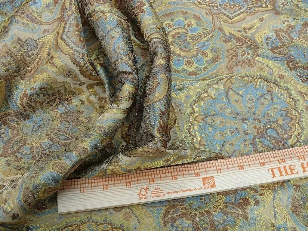 By yd 100% Silk Lampas Kaleidoscope Paisley Blue Gold Bronze MSRP$300+/y