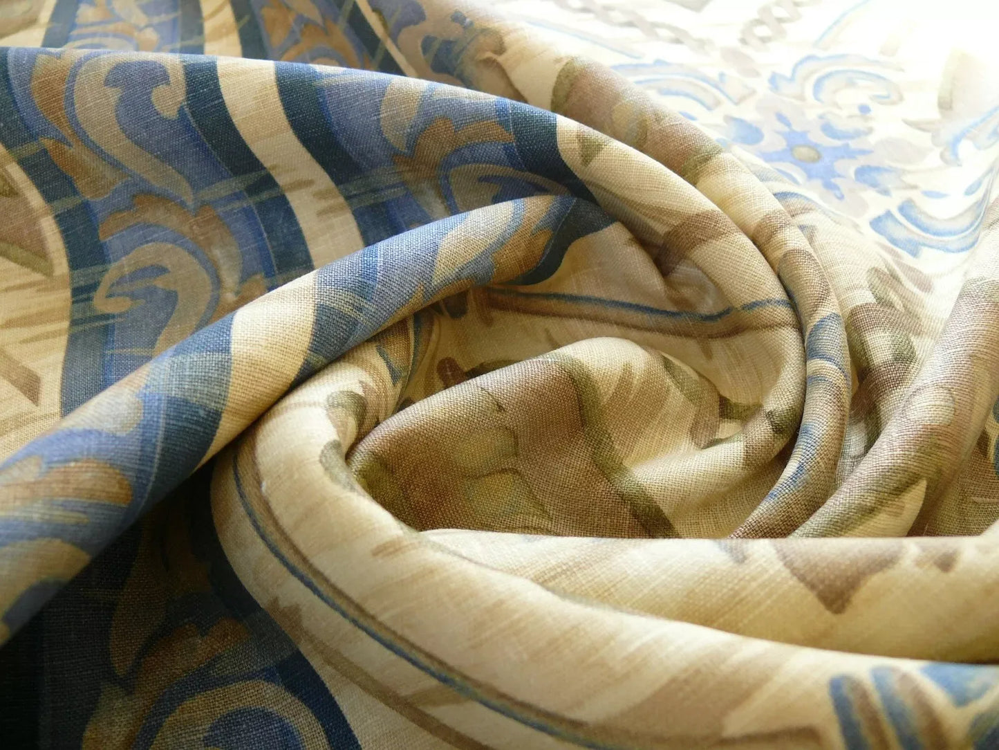 by yard Stroheim &amp; Romann Vincenza Blue &amp; Gold Linen Renaissance Fresco Damask Stripe Roman Empire Print #561