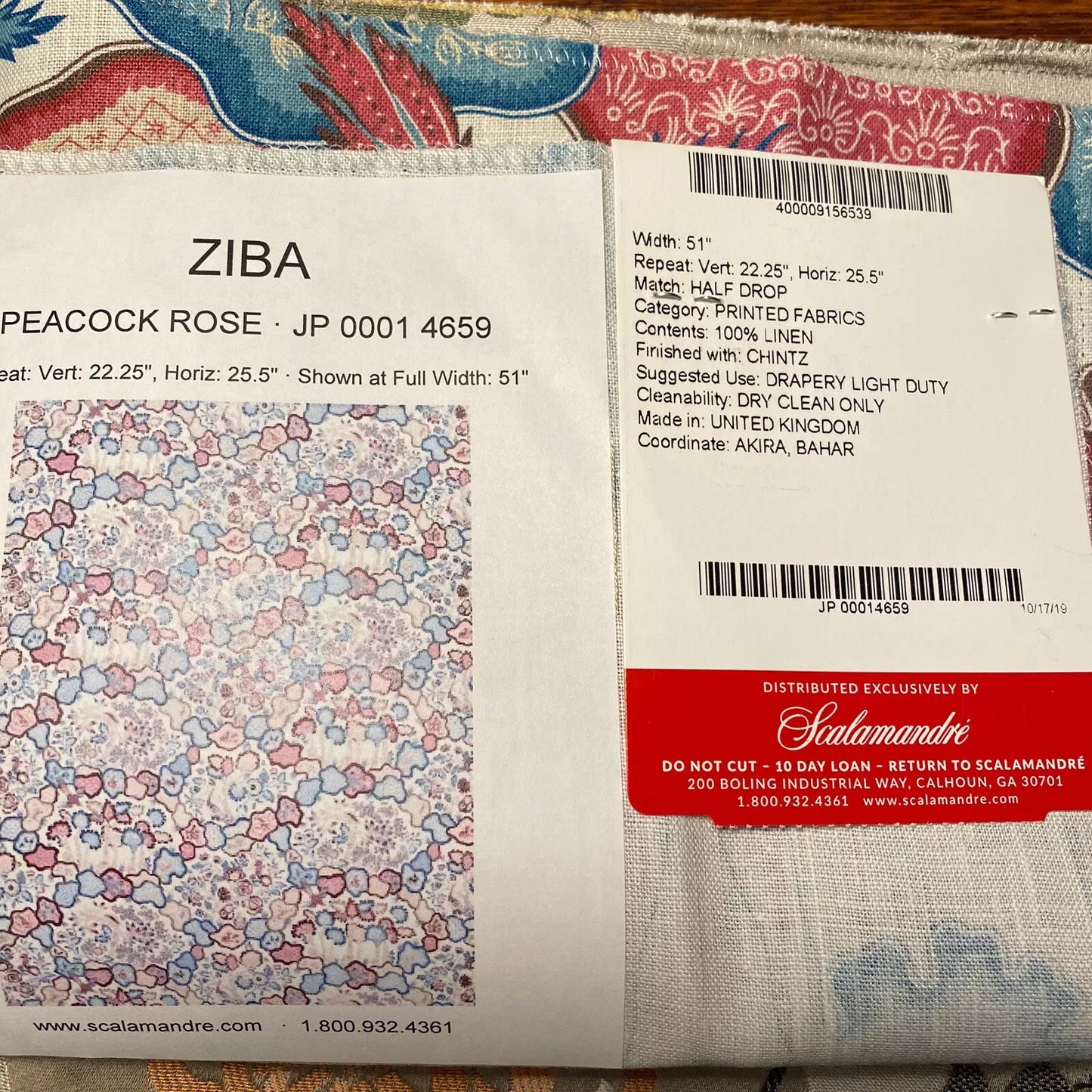 Scalamandre Old World Weavers Ziba Peacock Rose Red Blue White Mythical Animal Bird Peacock Rose Linen 2Y Minimum MSRP USD 416/y