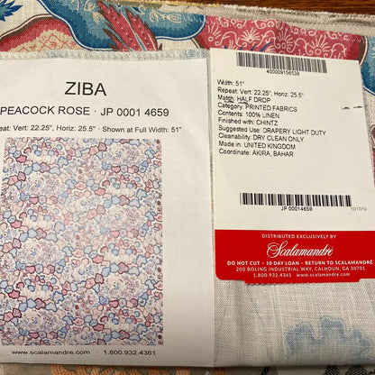Scalamandre Old World Weavers Ziba Peacock Rose Red Blue White Mythical Animal Bird Peacock Rose Linen 2Y Minimum MSRP USD 416/y