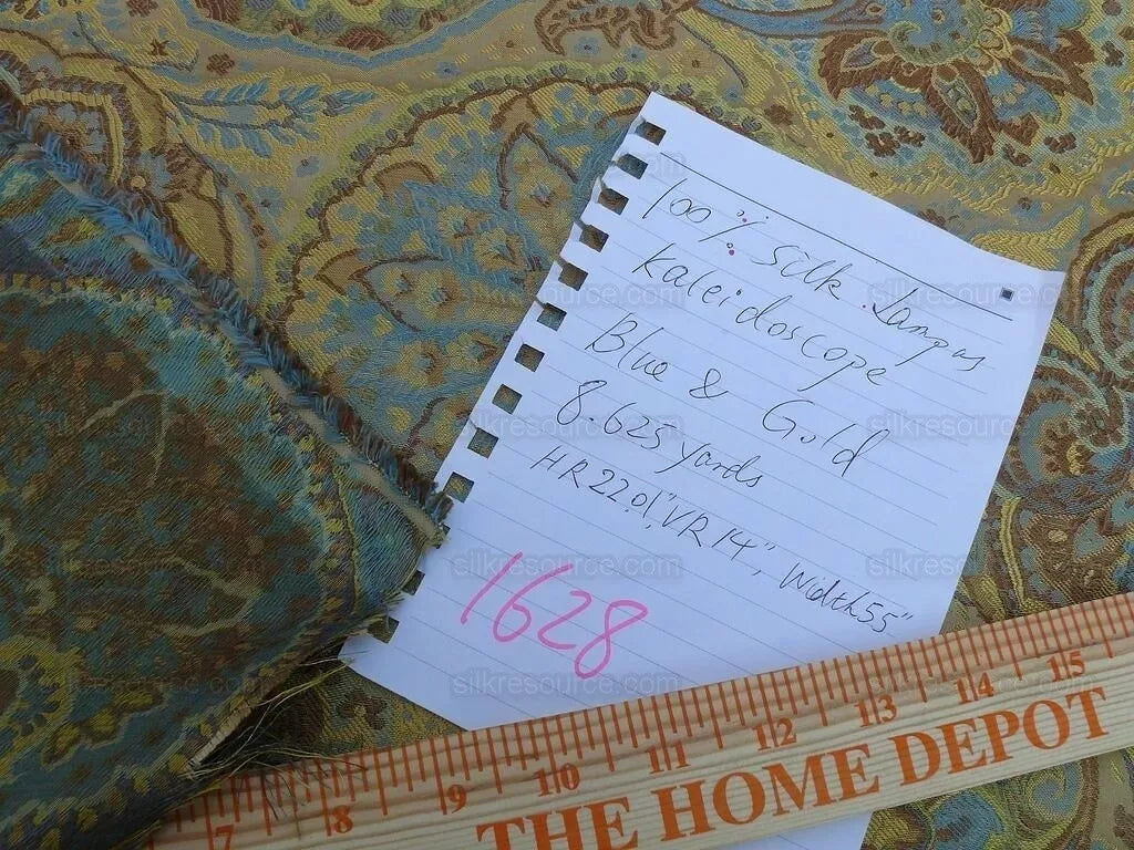 By yd 100% Silk Lampas Kaleidoscope Paisley Blue Gold Bronze MSRP$300+/y