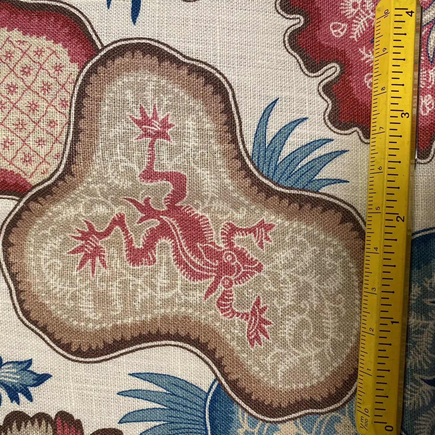 Scalamandre Old World Weavers Ziba Peacock Rose Red Blue White Mythical Animal Bird Peacock Rose Linen 2Y Minimum MSRP USD 416/y