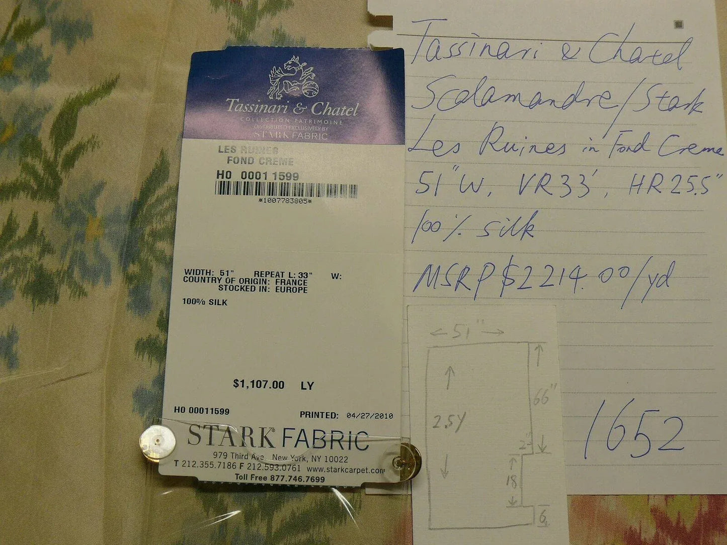 2.5Y yards Tassinari &amp; Chatel Silk Warp Print Les Ruines Fond Creme MSRP US 2214/yard