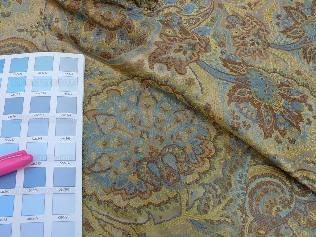 By yd 100% Silk Lampas Kaleidoscope Paisley Blue Gold Bronze MSRP$300+/y