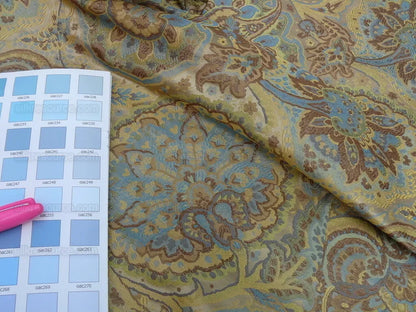 By yd 100% Silk Lampas Kaleidoscope Paisley Blue Gold Bronze MSRP$300+/y