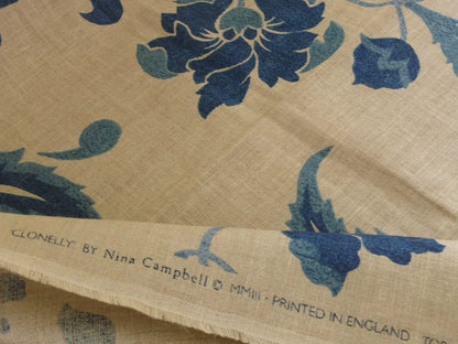 1.9Y  Osborne $ Little/Nina Campbell White Indigo &amp; Beige Blue Linen Print #887