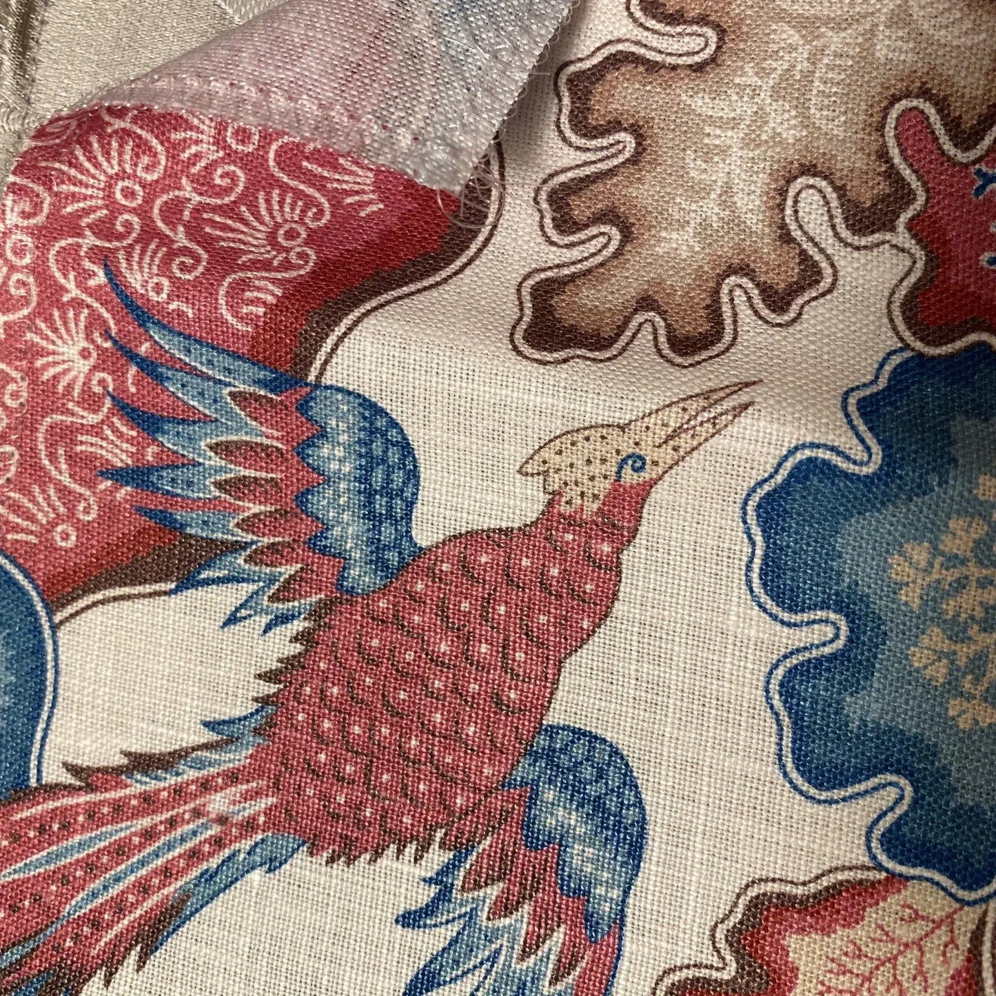 Scalamandre Old World Weavers Ziba Peacock Rose Red Blue White Mythical Animal Bird Peacock Rose Linen 2Y Minimum MSRP USD 416/y