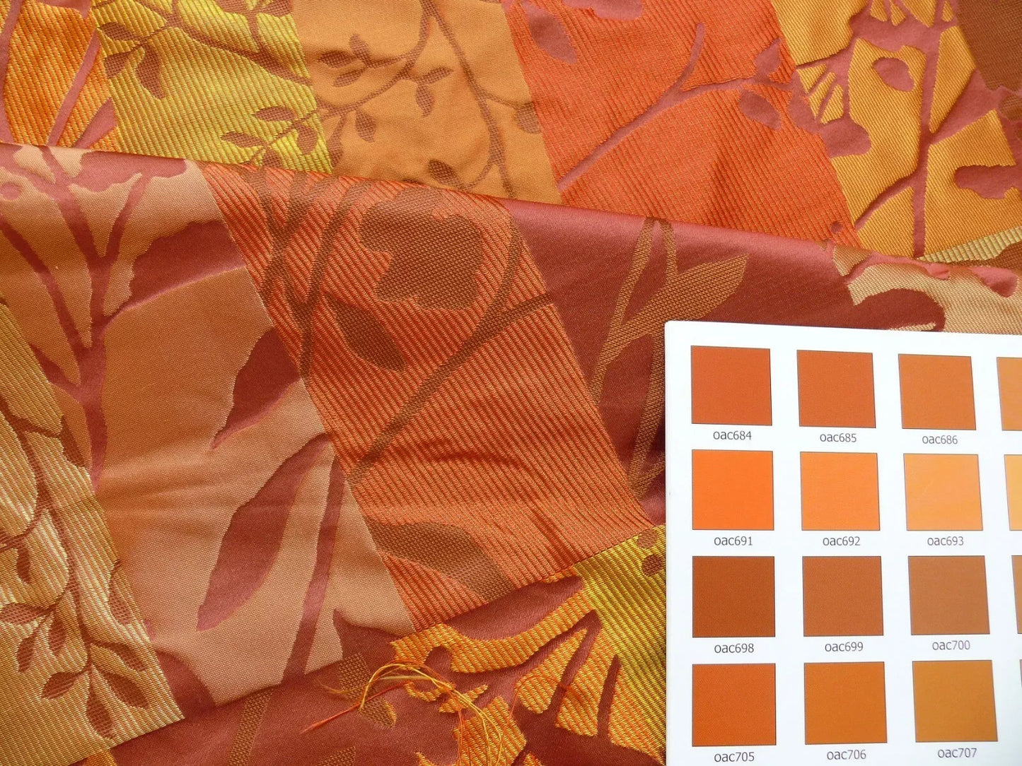 Charming 100%silk Damask Collage Tree Red Gold 528persimmon Bty