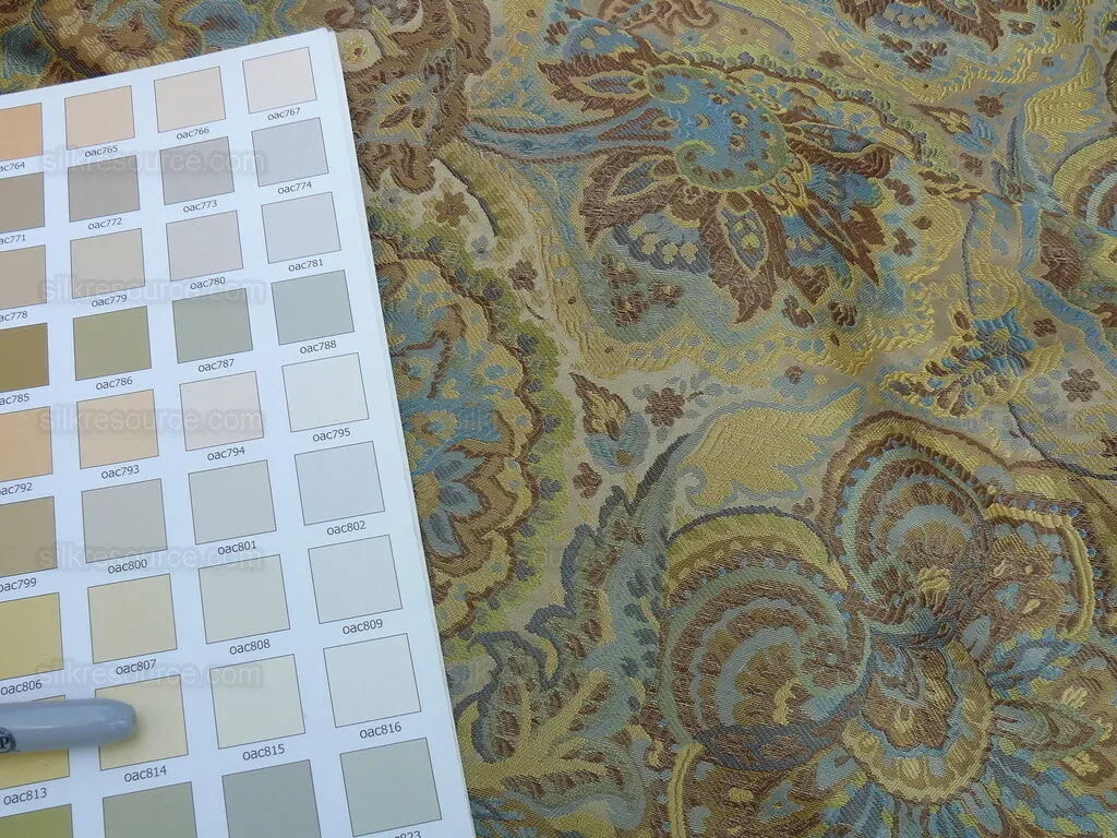 By yd 100% Silk Lampas Kaleidoscope Paisley Blue Gold Bronze MSRP$300+/y