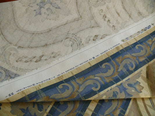 by yard Stroheim &amp; Romann Vincenza Blue &amp; Gold Linen Renaissance Fresco Damask Stripe Roman Empire Print #561