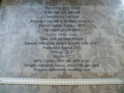 Old World Weaver Anna Gray Silver Floral Damask Jacquard Silk & Linen - By The Yard - MSRP USD368/y