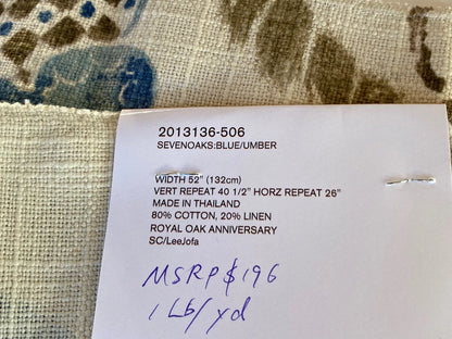 By YD Lee Jofa Seven Oaks Print Blue Umber Linen Blend MSRP USD196/Y Special Order