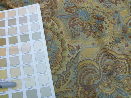 By yd 100% Silk Lampas Kaleidoscope Paisley Blue Gold Bronze MSRP$300+/y