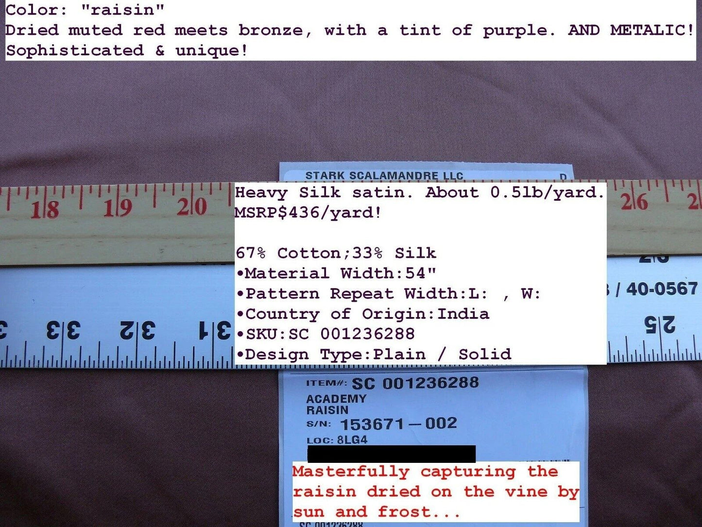 By Yard Scalamandre Academy Silk Satin "raisin" Red-bronze Frost Silvery MSRP USD 436Y