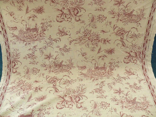 3yards Brunchwig &amp; Fils Promenade D Automne Linen Bird Toile de Jouy Mauve Red White
