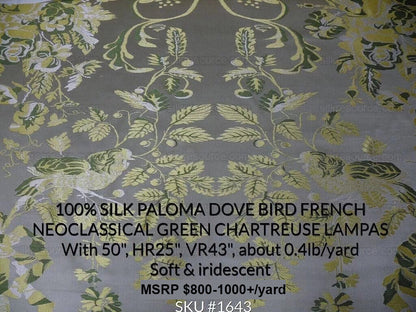 100% Silk Paloma Dove Bird French Neoclassical Green Chartreuse Pewter Silver Lampas By VR