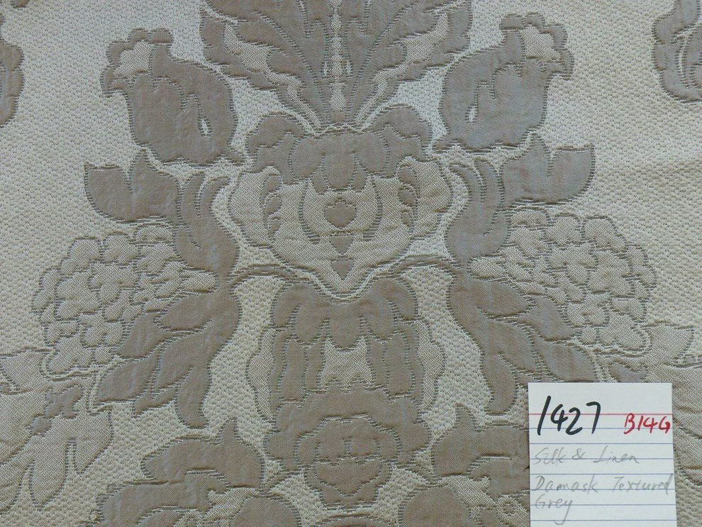 Old World Weaver Anna Gray Silver Floral Damask Jacquard Silk & Linen - By The Yard - MSRP USD368/y