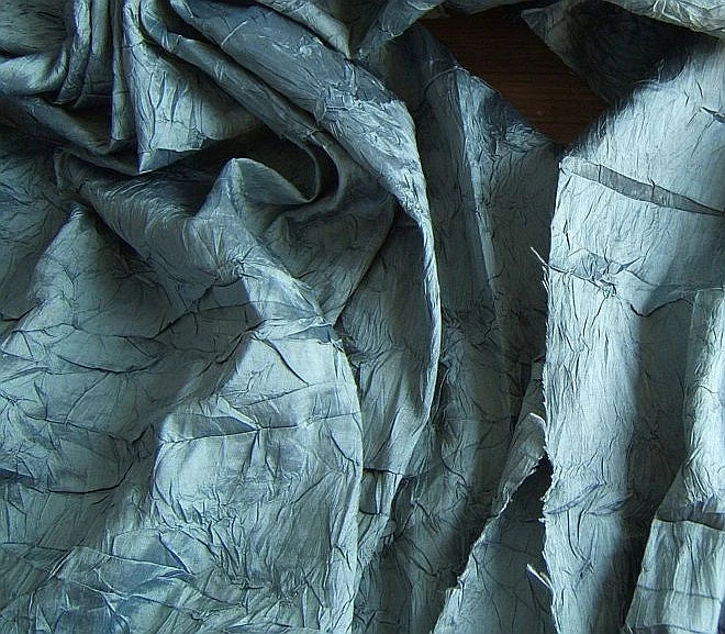 Designer Crinkled Silk Metallic Solid Fabric - Teal Blue - By The Yard